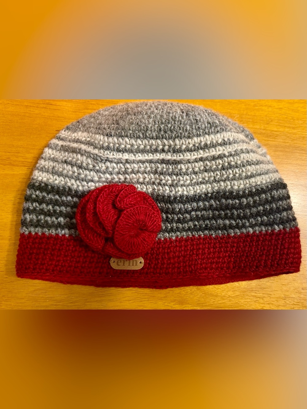 NWOT Erin Knitwear Ireland Women’s Winter Hat, Rose Red/Gray/Black/White Striped